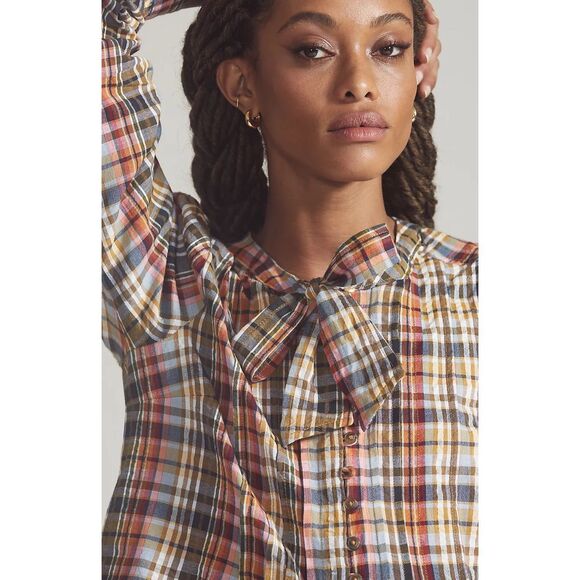 Pilcro Womens Plaid Tie Neck Button Front Long Sleeve Blouse Multicolor Small - Picture 3 of 11